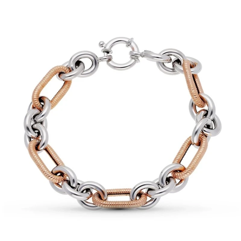 Pulsera Oro 18k bicolor eslabones redondos lisos alargados detalles