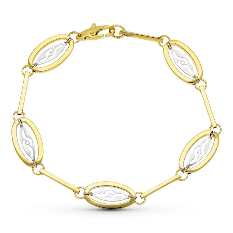 Pulsera Oro 18k bicolor eslabones ovales centro motivo ondas