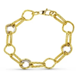 Pulsera Oro 18k bicolor eslabones combinados detalles martelé tallado