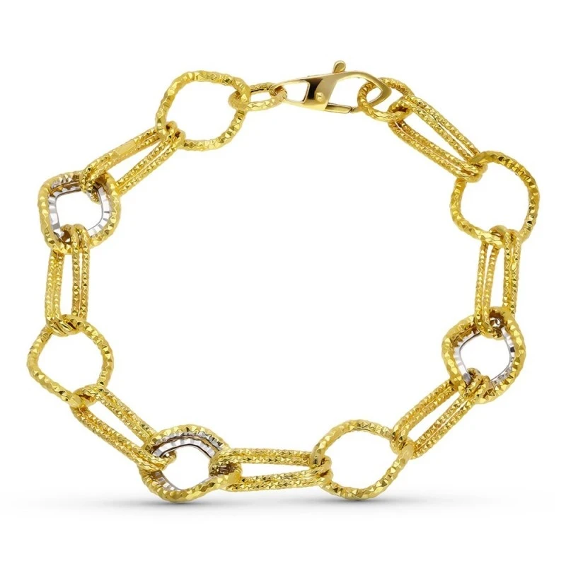 Pulsera Oro 18k bicolor eslabones combinados detalles martelé tallado