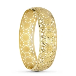 Pulsera Oro 18k rígida flores motivos calados brazalete media caña