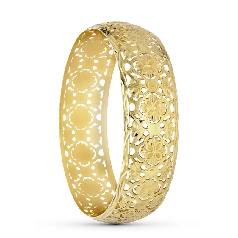 Pulsera Oro 18k rígida flores motivos calados brazalete media caña