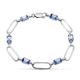Pulsera Oro 18k blanco circonitas azules eslabones lisos ovales 19.5