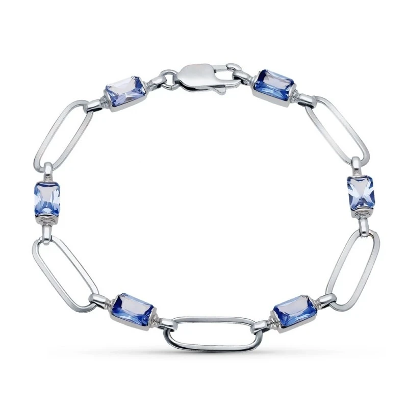 Pulsera Oro 18k blanco circonitas azules eslabones lisos ovales 19.5