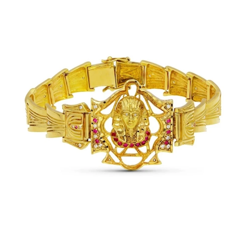 Egipcio Pulsera Oro 18k motivo Faraón cabeza circonitas fucsia blanca