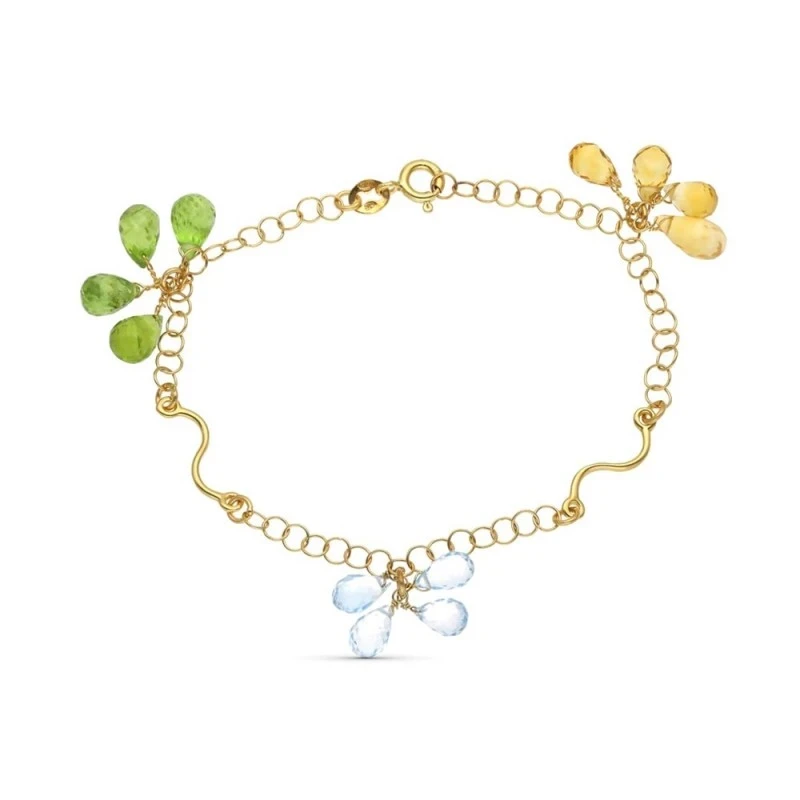 Pulsera Oro 18k circonitas colores azul amarillo verde motivos curvos