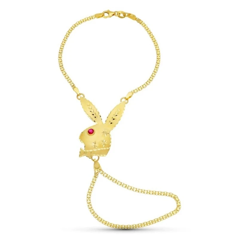 Pulsera Oro 18k dedo motivo conejo detalles tallados circonita ojo