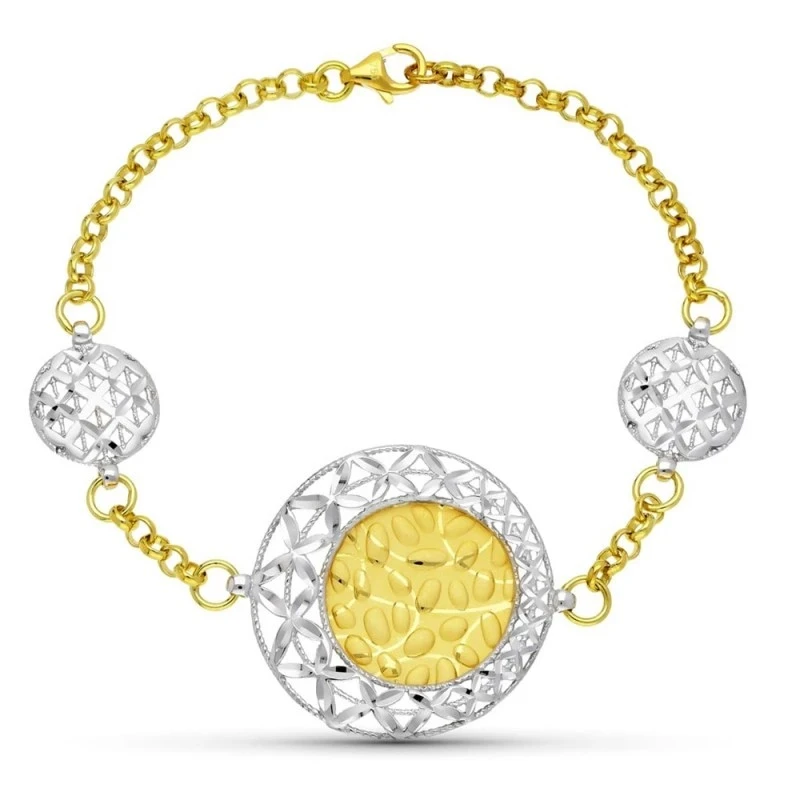 Pulsera Oro 18k bicolor motivos redondos calados detalles láser