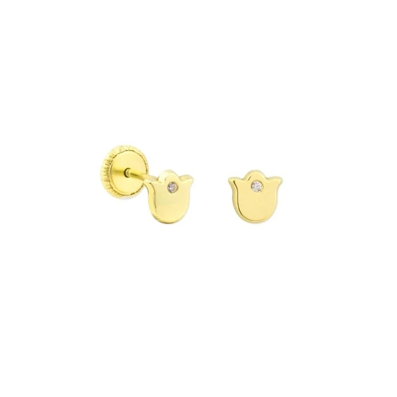 Pendientes Oro 18k niña 4 mm. forma flor tulipán circonita centro