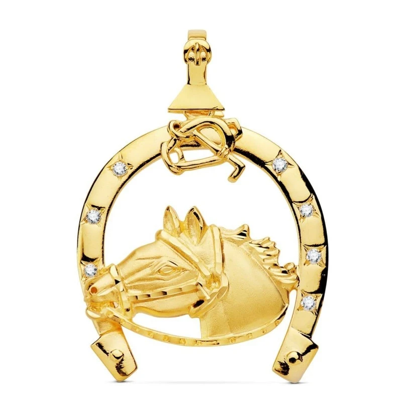 Colgante Oro 18k unisex 42 mm. herradura cabeza caballo circonitas de