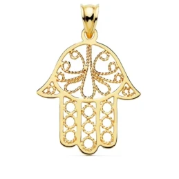 Mano Fátima Colgante Amuleto Oro 18k unisex 36 mm. calada detalles