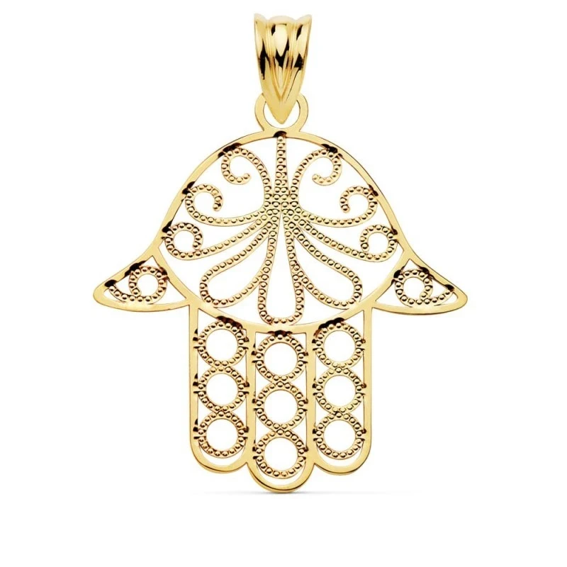 Mano Fátima Colgante Amuleto Oro 18k unisex 24 mm. calada detalles fi