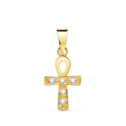Curz de la Vida Colgante Amuleto  Oro 18k unisex 14 mm. circonitas co