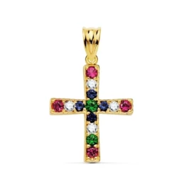 Cruz Colgante Oro 18k mujer 22 mm. circonitas colores combinados