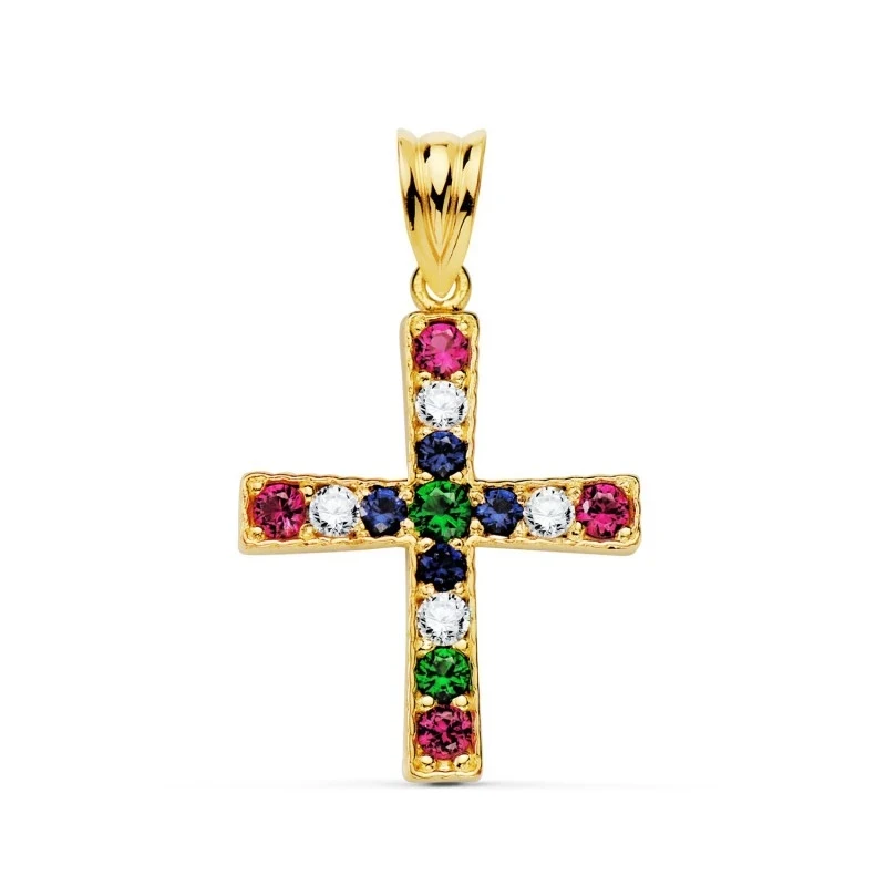 Cruz Colgante Oro 18k mujer 22 mm. circonitas colores combinados