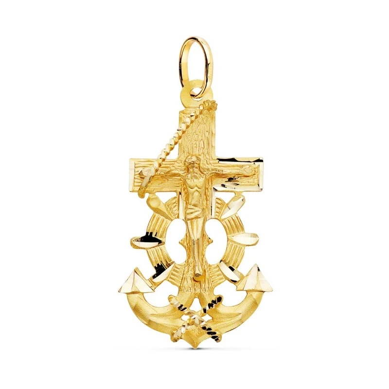 Cruz Marinera Cristo Colgante Oro 18k unisex 40 mm. tallada detalles