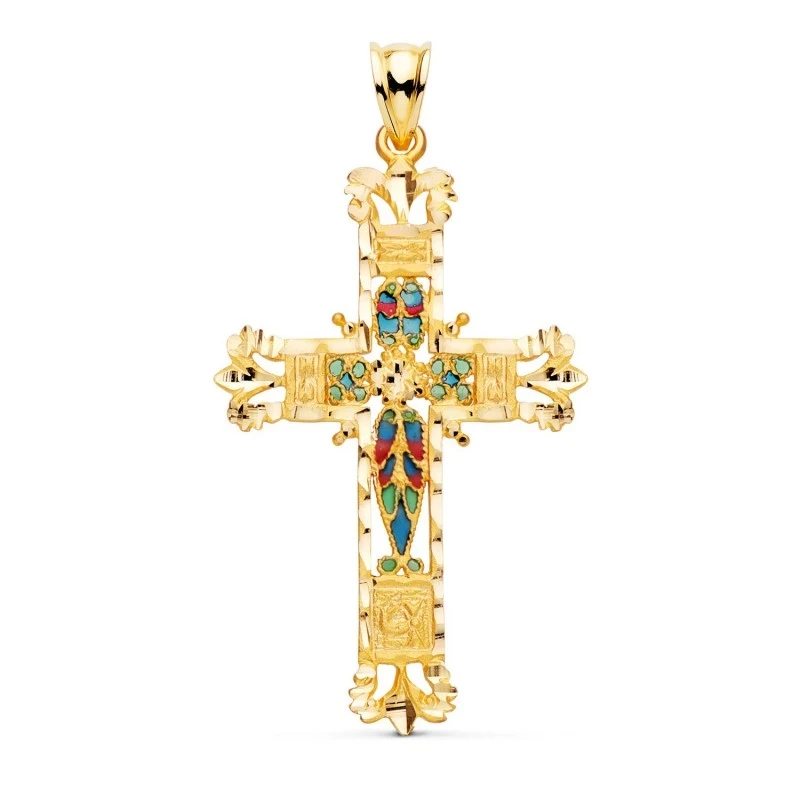 Cruz Colgante Oro 18k unisex 40 mm. piedras colores combinados calada