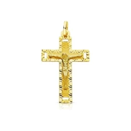 Cruz Cristo Colgante Oro 18k unisex 35 mm. bordes detalles tallados