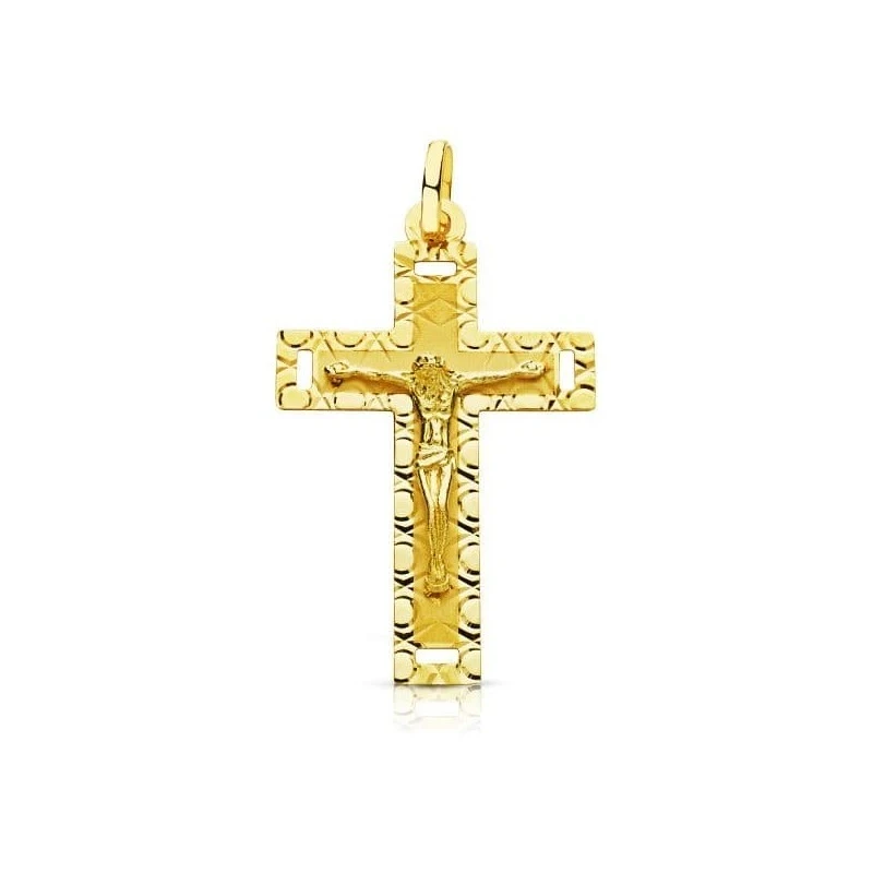 Cruz Cristo Colgante Oro 18k unisex 35 mm. bordes detalles tallados