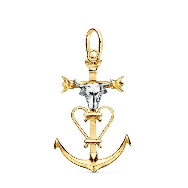 Cruz de la Camarga Colgante Oro Bicolor 18k unisex 32 mm. cabeza toro