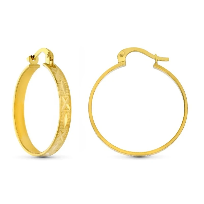 Aros Pendientes Oro 18k mujer 22 mm. huecos tallados planos 3 mm.