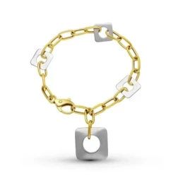 Pulsera Oro Bicolor 18k mujer forzada alargada detalle cuadrados círc