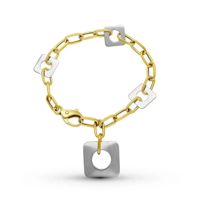 Pulsera Oro Bicolor 18k mujer forzada alargada detalle cuadrados círc