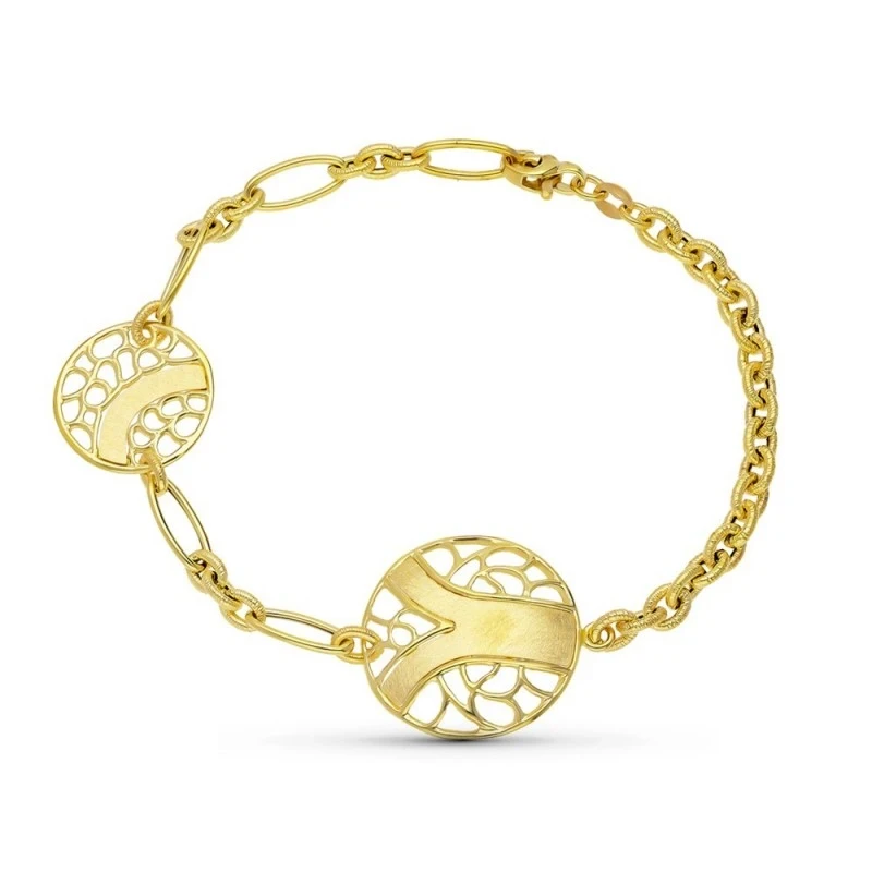 Pulsera Oro 18k mujer eslabones combinados círculos detalles calados