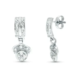Pendientes Oro Blanco 18k mujer 20 mm. dos cuerpos circonitas formas