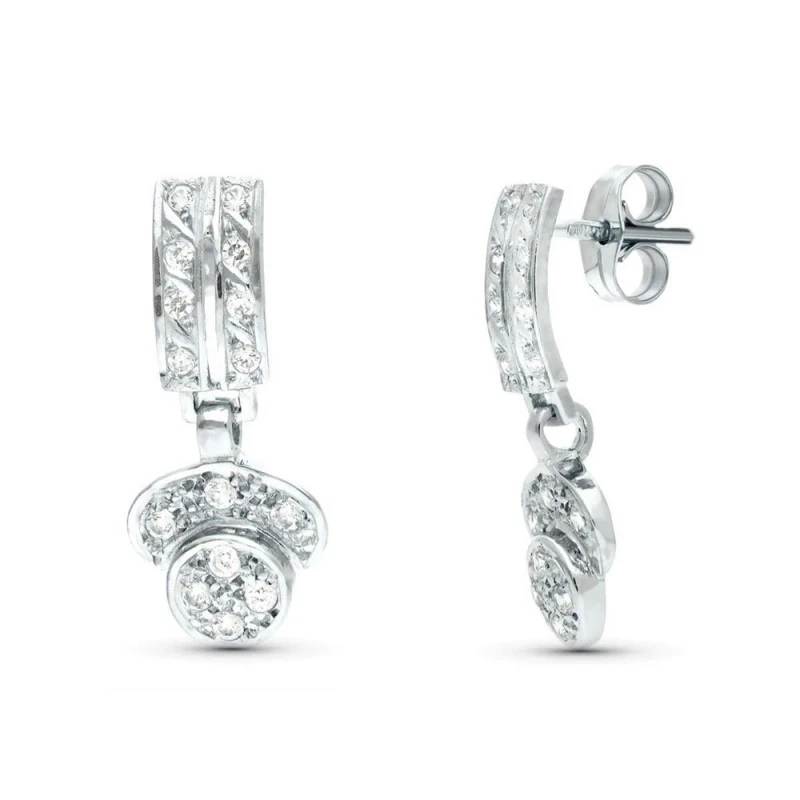 Pendientes Oro Blanco 18k mujer 20 mm. dos cuerpos circonitas formas