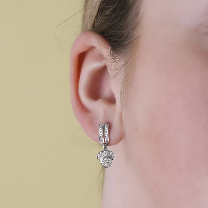 Pendientes Oro Blanco 18k mujer 20 mm. dos cuerpos circonitas formas