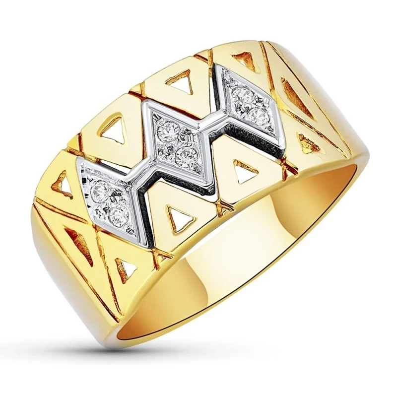 Sortija Oro Bicolor 18k mujer cuerpo ancho liso detalle rombos calado