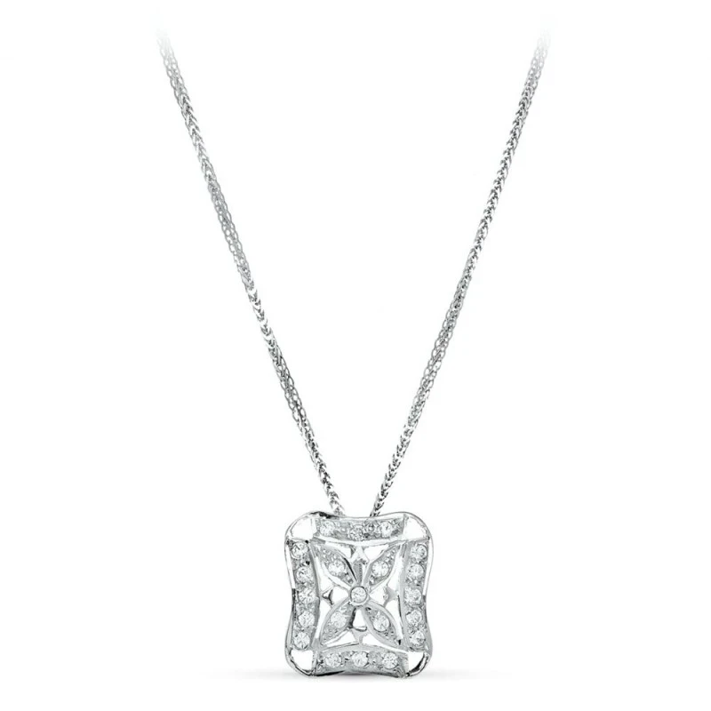 Gargantilla Oro Blanco 18k mujer 45 cm. colgante cuadrado circonitas