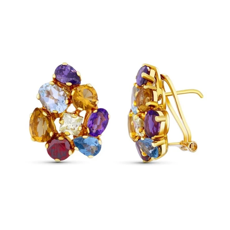 Pendientes Oro 18k mujer 20 mm. piedras colores combinados forma gota
