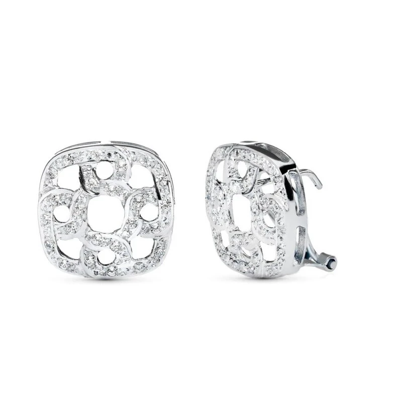 Pendientes Oro Blanco 18k mujer 16 mm. cuadrados circonitas círculos