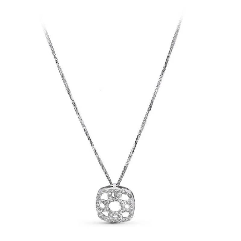 Gargantilla Oro Blanco 18k mujer colgante cuadrado circonitas calado