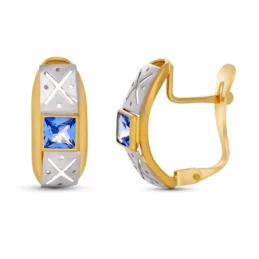 Pendientes Oro Bicolor 18k mujer detalle piedra color azul cuadrada 3