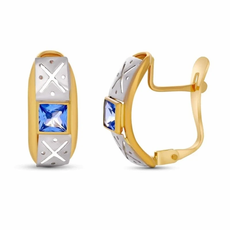 Pendientes Oro Bicolor 18k mujer detalle piedra color azul cuadrada 3