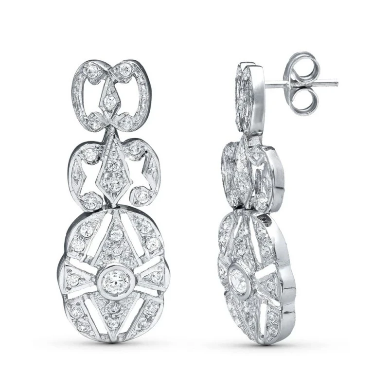 Pendientes Oro Blanco 18k mujer 30 mm. tres cuerpos calados circonita
