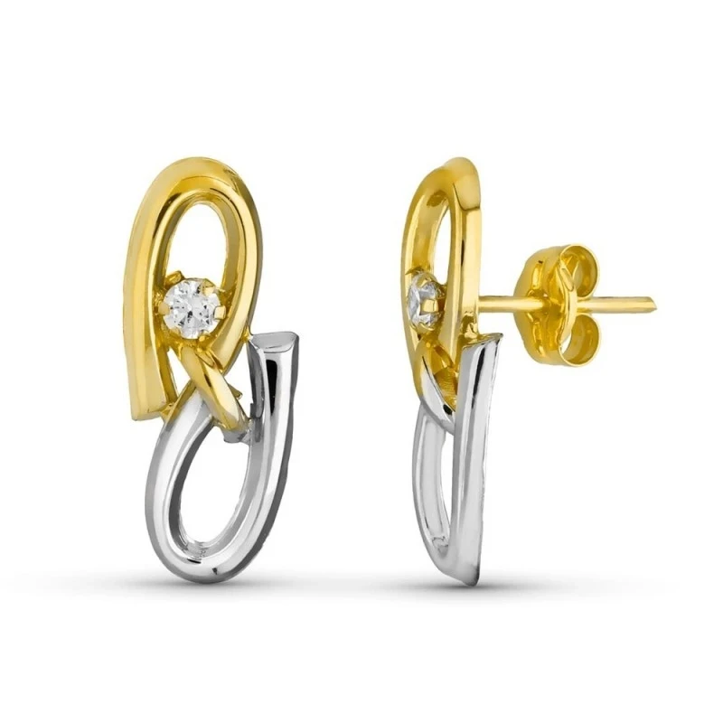 Pendientes Oro Bicolor 18k mujer 17 mm. circonitas formas combinadas