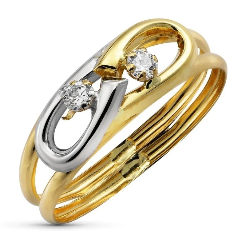 Sortija Oro Bicolor 18k mujer circonitas dos hilos formas cabeza