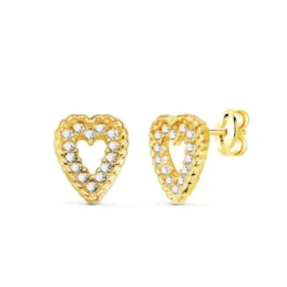 Pendientes Oro 18k mujer 9 mm. corazón calado circonitas cerco