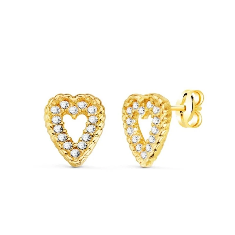 Pendientes Oro 18k mujer 9 mm. corazón calado circonitas cerco