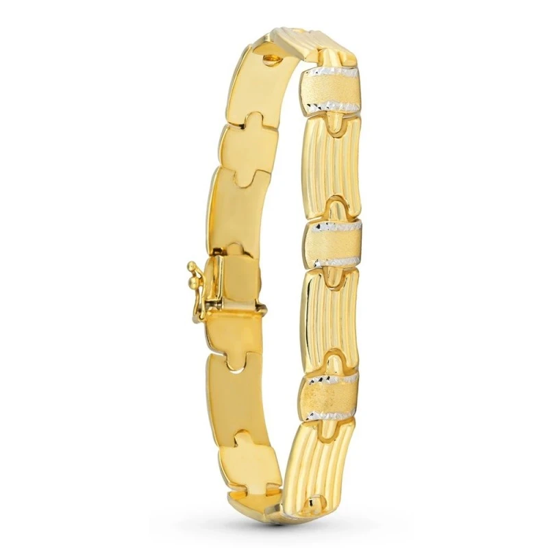 Pulsera Oro Bicolor 18k mujer eslabones rectangulares detalles lineas