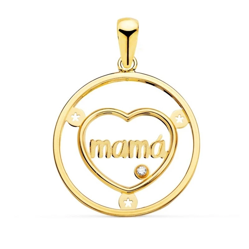 Colgante Oro 18k mujer 20 mm. mensaje MAMÁ centro corazón calado deta