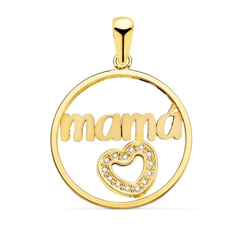 Colgante Oro 18k mujer 20 mm. corazón circonitas calado centro MAMÁ