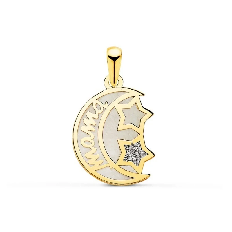 Colgante Oro 18k mujer 16 mm. nácar luna estrellas mensaje MAMÁ