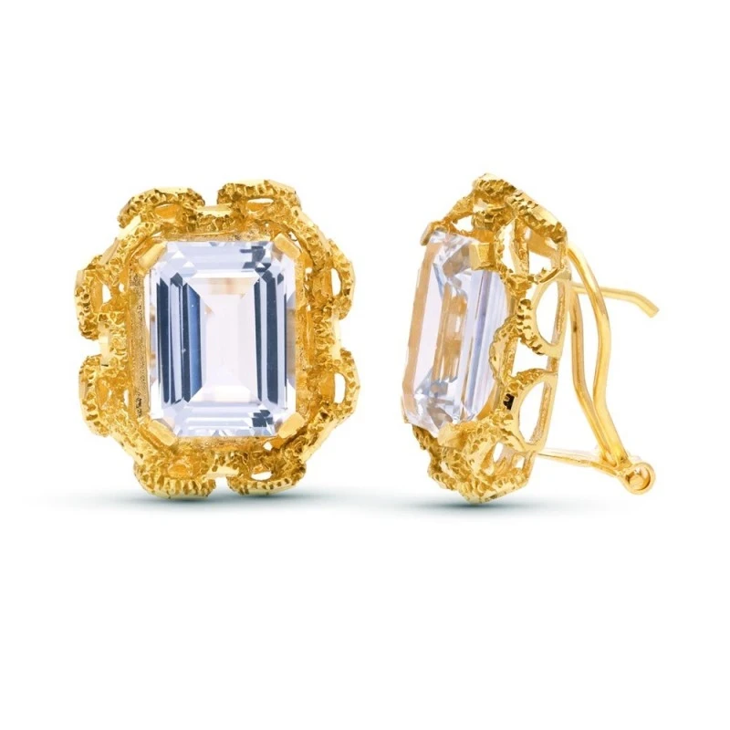 Pendientes Oro 18k mujer 20 mm. rectangulares piedra centro color