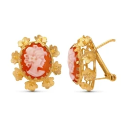 Pendientes Oro 18k mujer 20 mm. camafeo detalle flores bordes calados