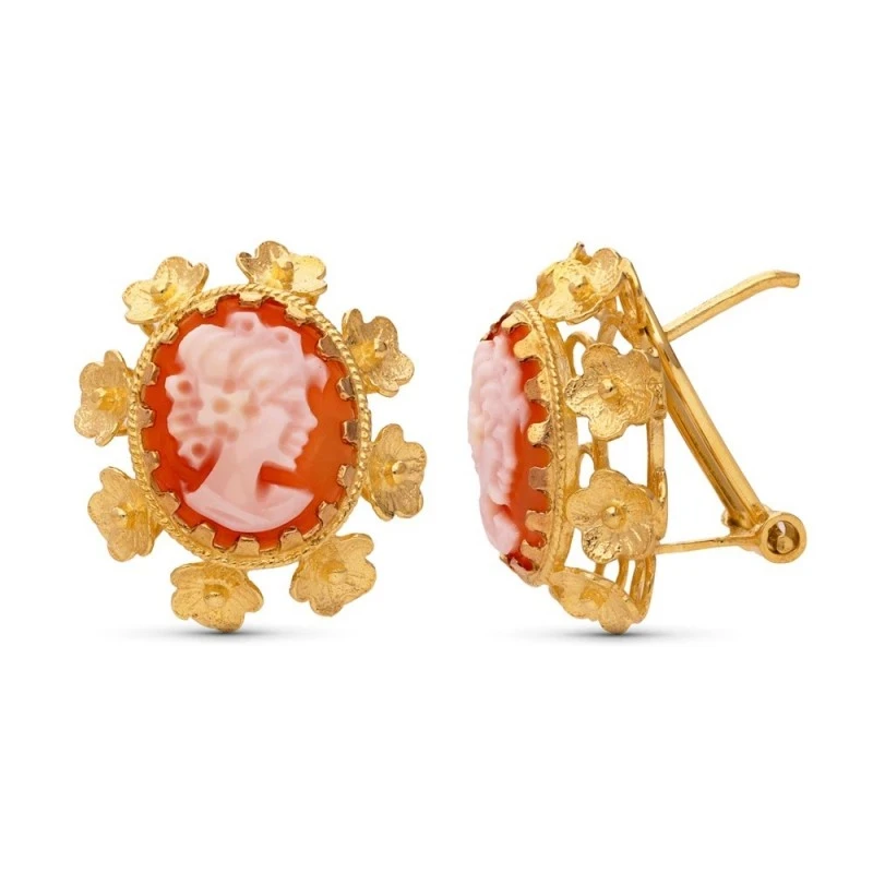 Pendientes Oro 18k mujer 20 mm. camafeo detalle flores bordes calados